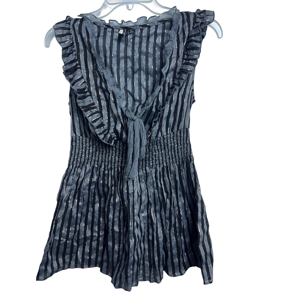 Miss Me Striped Ruffle Tie Front Smocked Waist Sleeveless Top Women's M Metallic